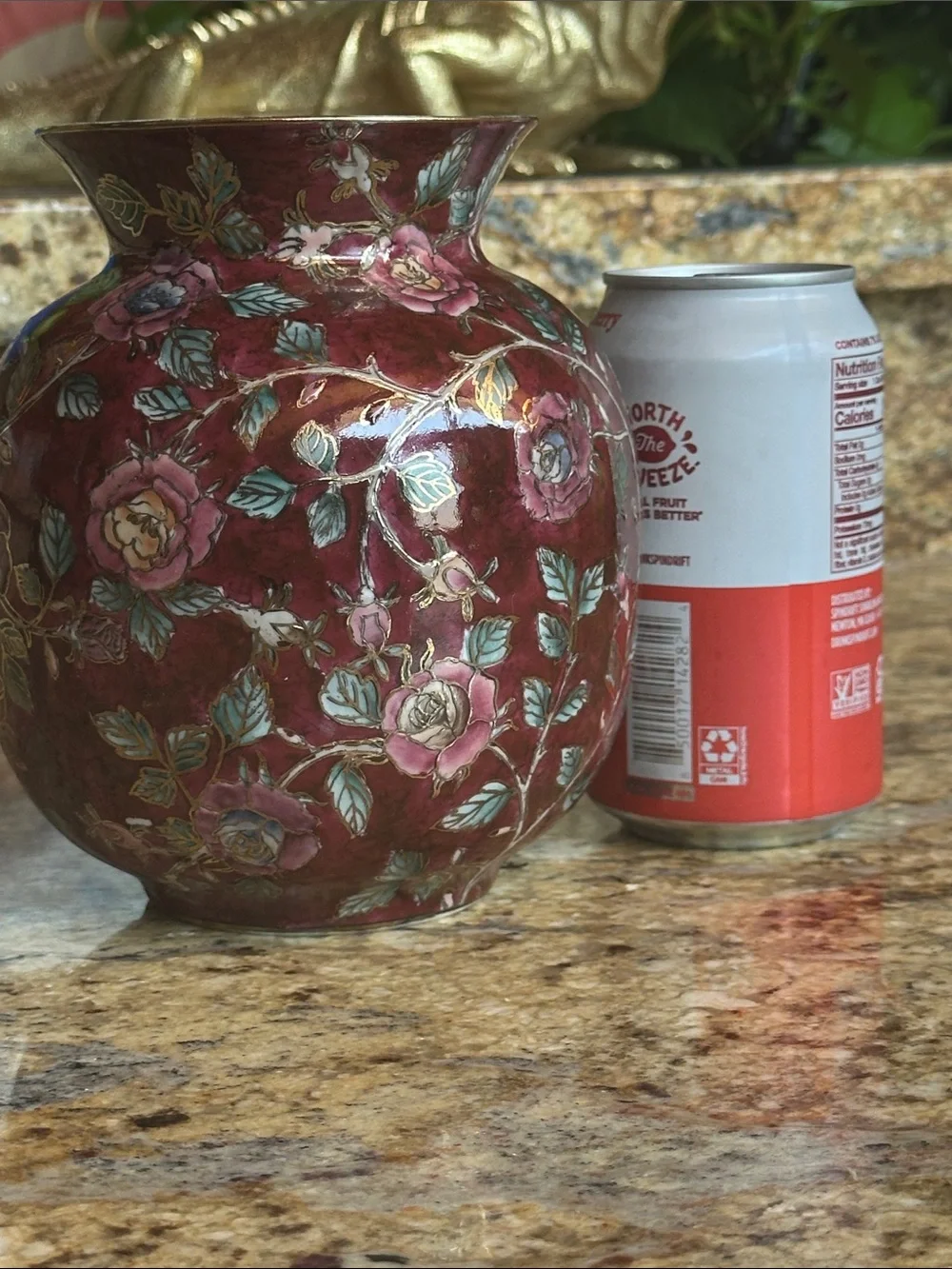 Hand-Painted Floral Ceramic Vase in Burgundy with Pink Roses